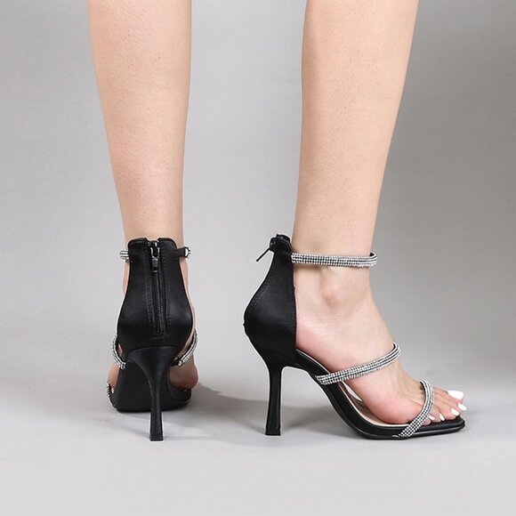 Women's Rhinestones Black Strappy Back Zip Casual High Heels Sandals Shoes - Picture 4 of 7